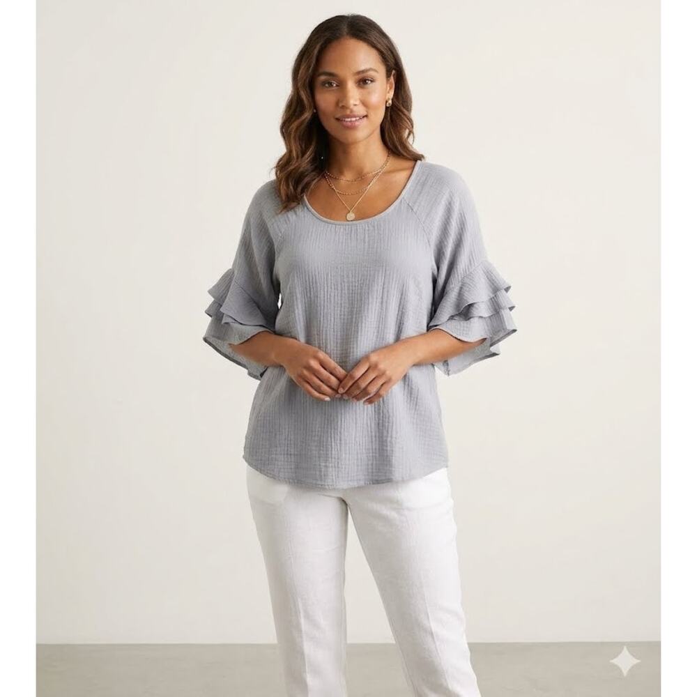 Womens Crinkled Relaxed Blouse Tiered Layered Ruffle Sleeve Top Draped Size S